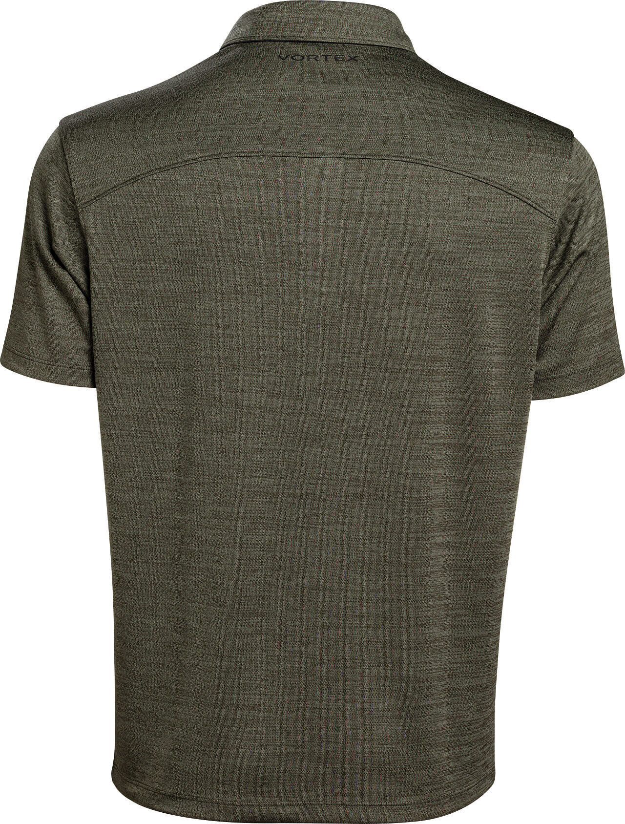 Rückansicht eines olivgrünen Poloshirts aus atmungsaktivem Stoff