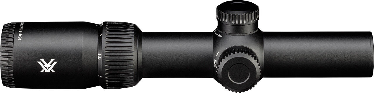Seitliche Ansicht eines Vortex Zielfernrohrs mit variabler Vergrößerung, speziell für Präzisionsschützen entworfen.