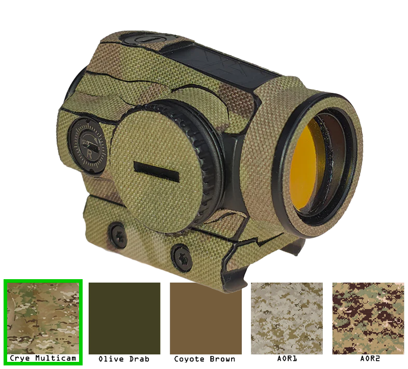 Optisches Visier in Crye Multicam Tarnmuster mit verschiedenen Farboptionen dargestellt