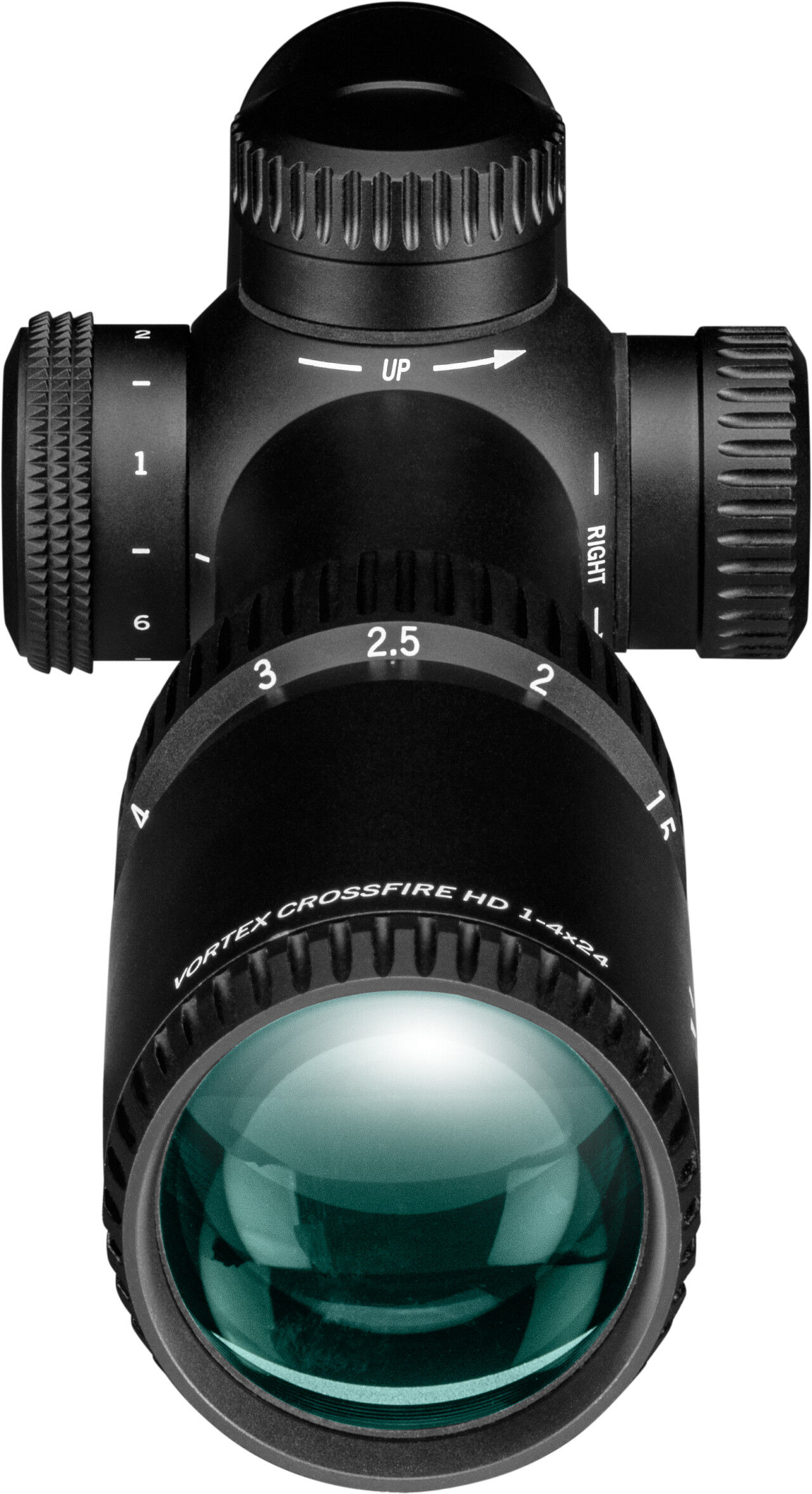 Seitliche Ansicht des Vortex Crossfire HD Zielfernrohrs mit Einstellknöpfen und Objektiv