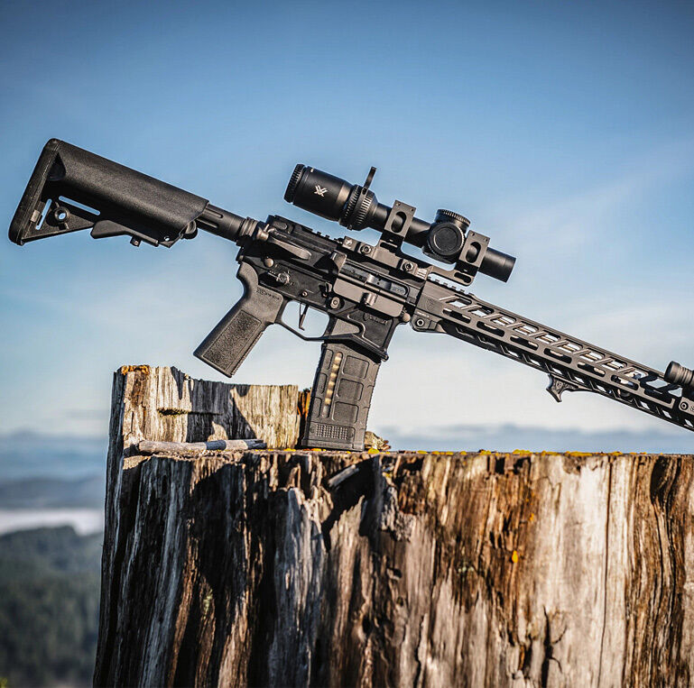 Präzisionsgewehr mit Zielfernrohr auf Baumstumpf platziert Ein modernes Gewehr mit Zielfernrohr liegt auf einem Baumstumpf vor blauem Himmel.