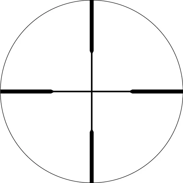 Ein einfaches, schwarzes Fadenkreuz auf weißem Hintergrund innerhalb eines Kreises.