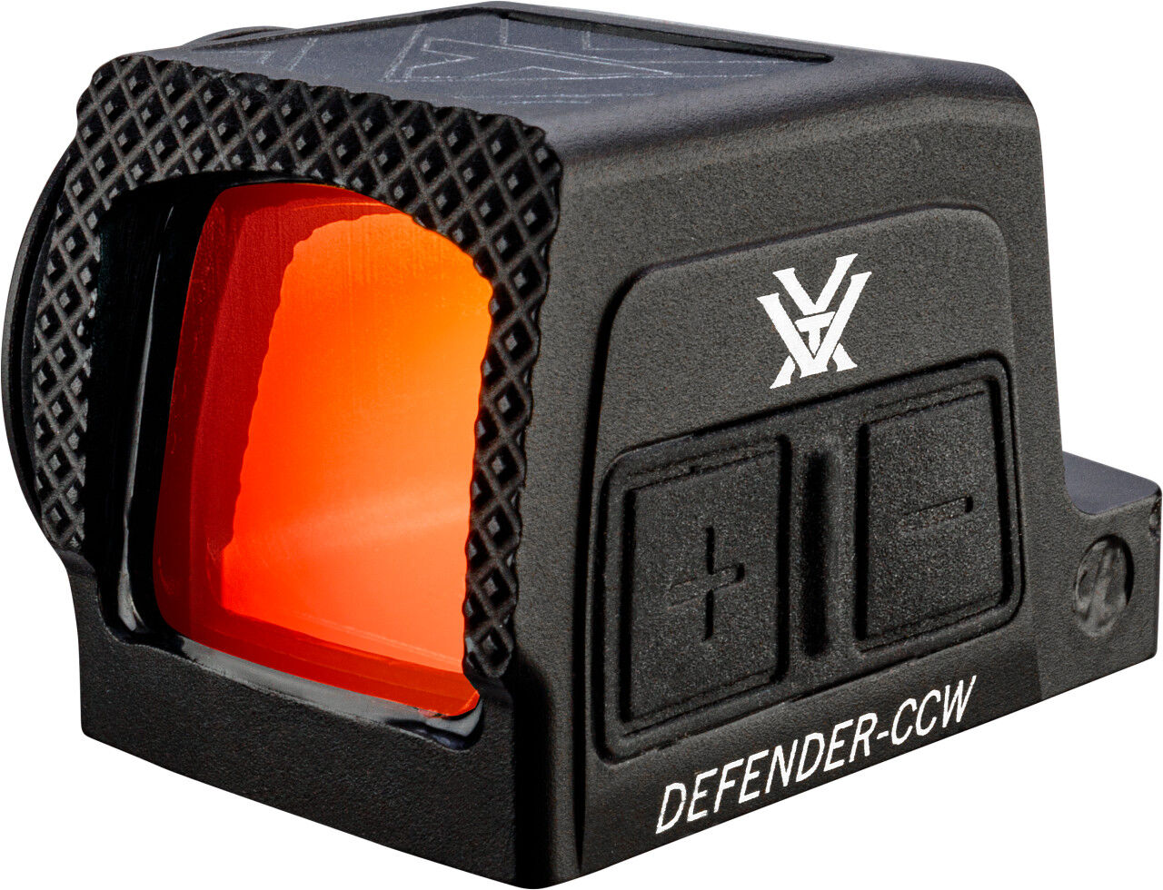 Nahaufnahme eines Vortex Defender-CCW Rotpunktvisiers mit orangem Glas und Steuerungstasten