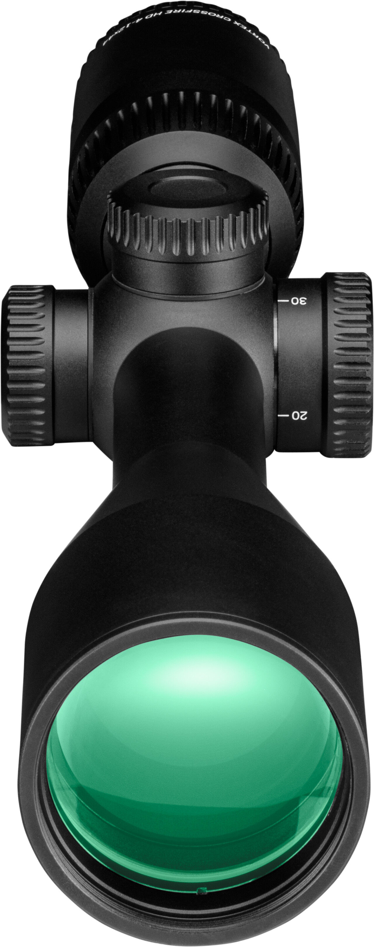 Ein modernes Zielfernrohr mit grüner Linse und fokussierbaren Knöpfen zur Einstellung von Vergrößerung und Schärfe