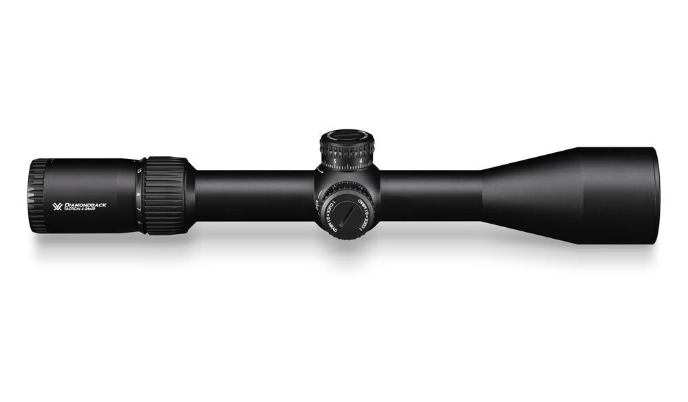 Ein schwarzes Zielfernrohr in Seitenansicht für genaue Zielerfassung