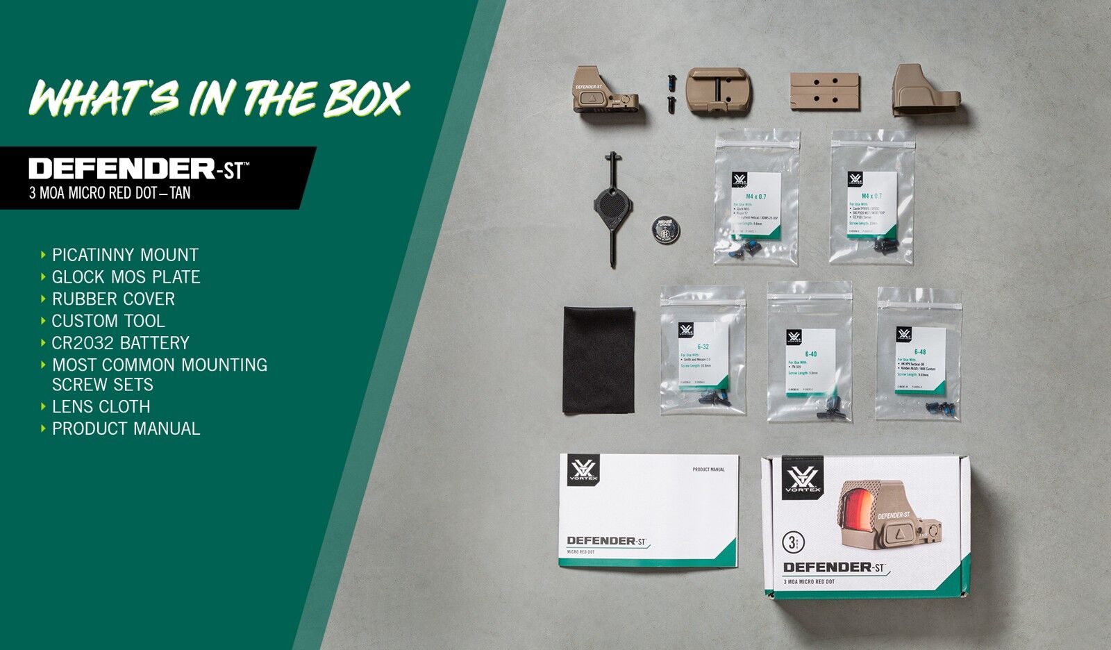 Defender ST Mikro-Red-Dot-Zielfernrohr-Set, bestehend aus Picatinny-Halterung, Glock MOS-Platte, Gummischutz, CR2032-Batterie, Schraubensets, Linsenputztuch und Anleitung.