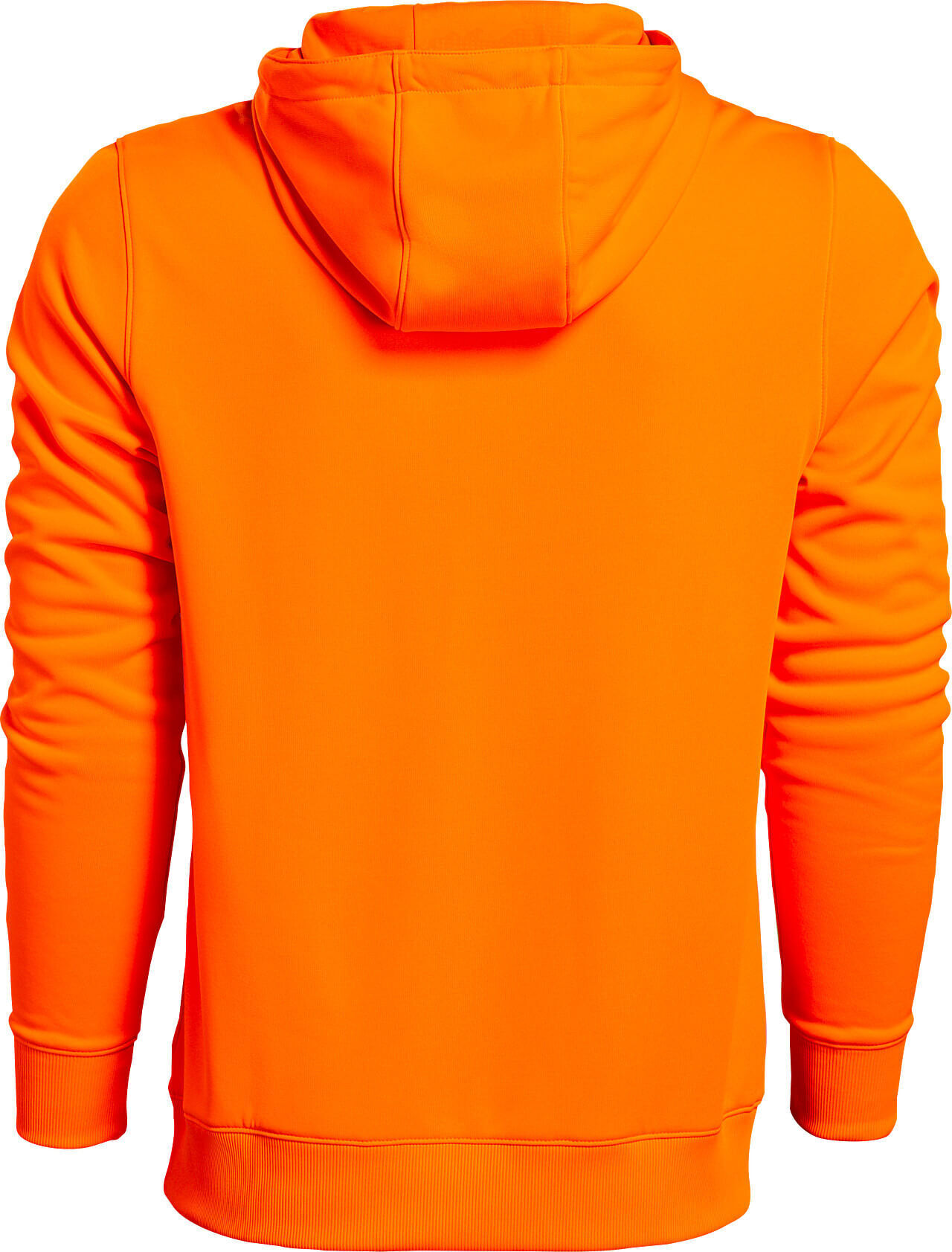 Rückansicht eines leuchtend orangenen Hoodies mit Kapuze und langen Ärmeln