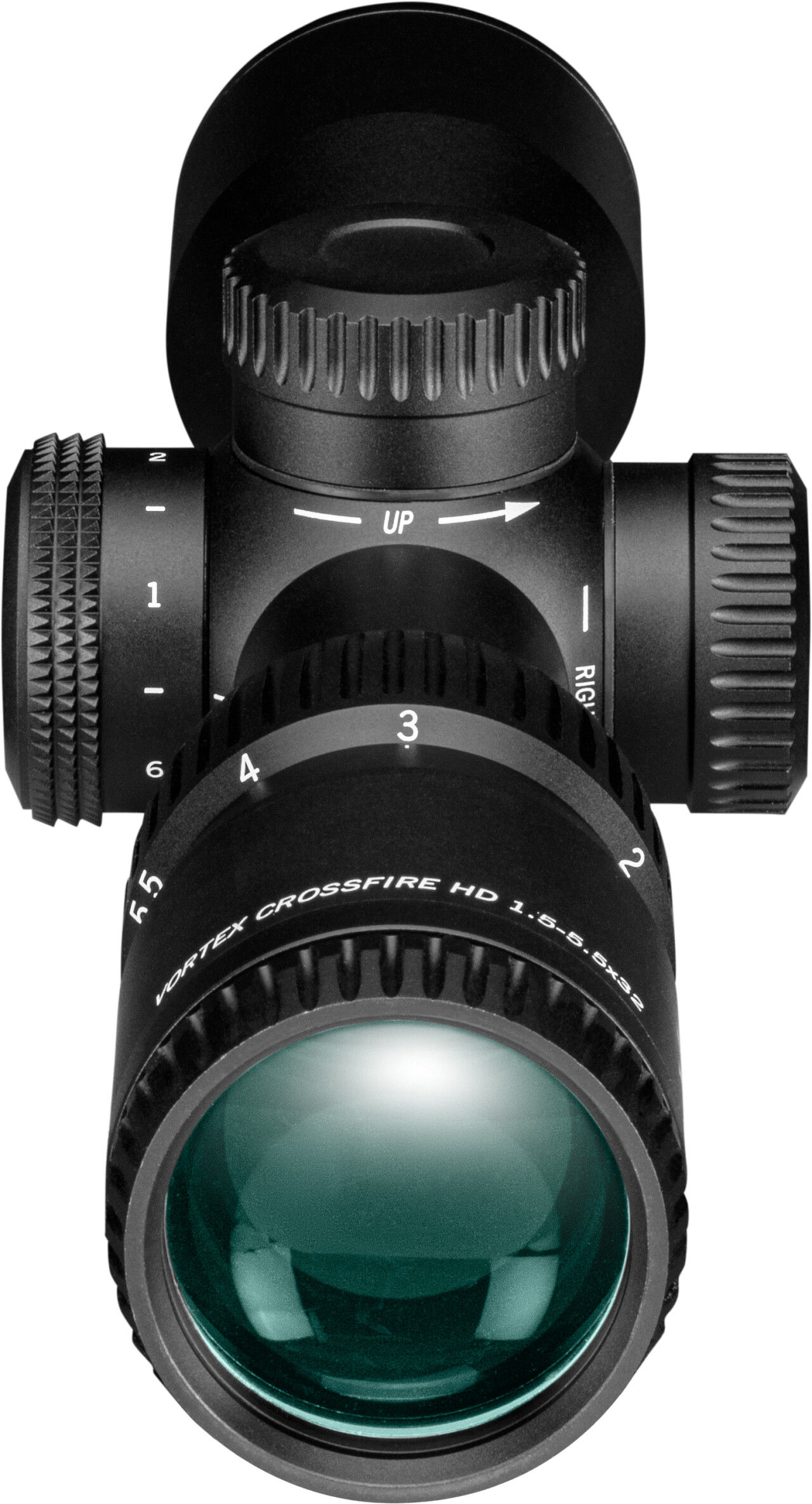 Nahaufnahme eines Vortex Crossfire HD 1.5-5x32 Zielfernrohrs mit Einstellrädern