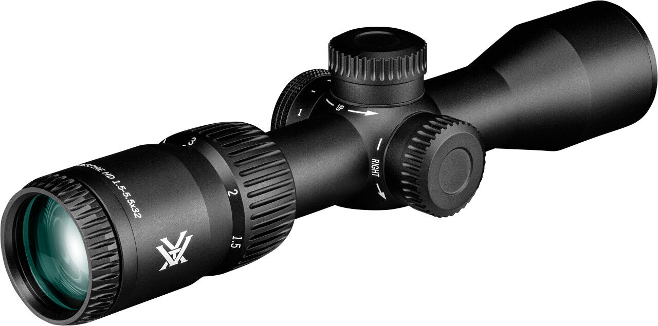 Schwarzes Zielfernrohr mit variabler Vergrößerung und Einstellrädern für genaues Zielen