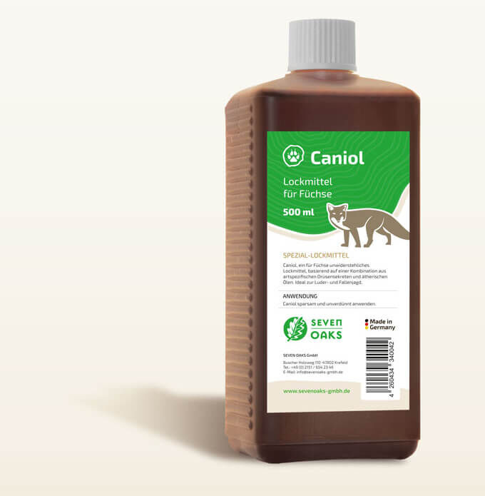Flasche mit 500 ml Caniol Lockmittel, speziell für Füchse, von Seven Oaks, Made in Germany