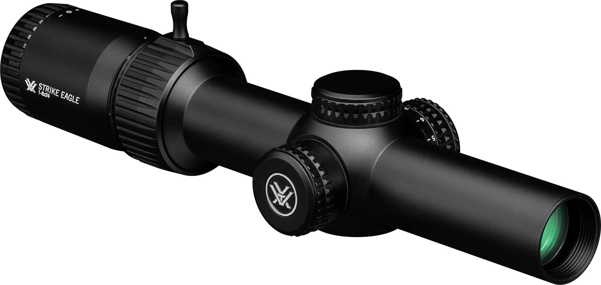 Nahaufnahme eines Vortex Strike Eagle 1-8x24 Zielfernrohrs mit verstellbarem Zoom und grün getönter Linse