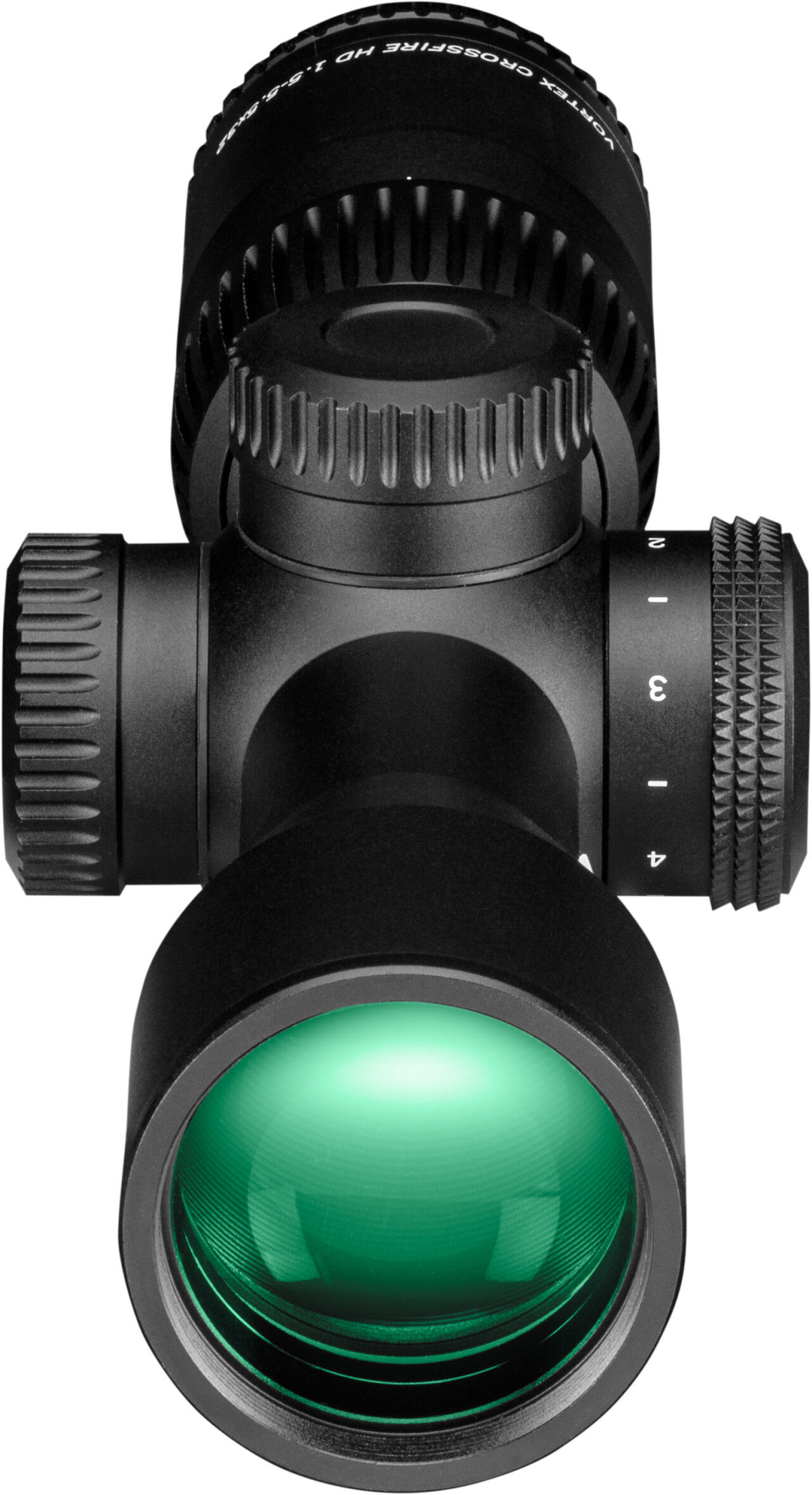 Zielfernrohr von oben mit grüner Linse und Bedienungselementen, ideal für Schützen und Jäger