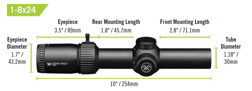 Technische Zeichnung eines Zielfernrohrs 1-8x24 mit detaillierten Abmessungen: Okulardurchmesser 43,2 mm, Rohrdurchmesser 30 mm, Gesamtlänge 254 mm.