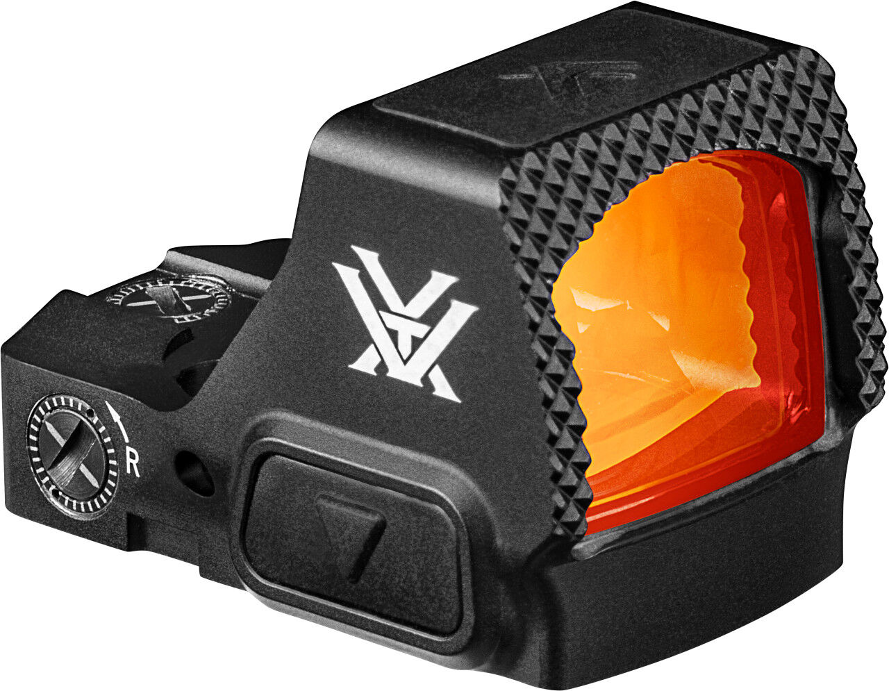 Nahaufnahme eines Vortex Optics Rotpunktvisiers mit auffälliger roter Linse
