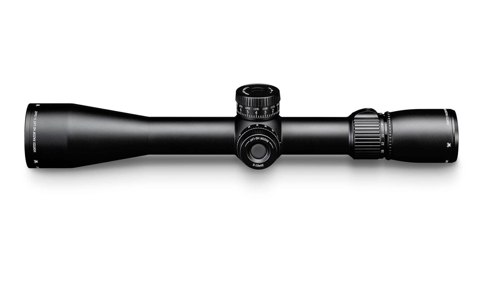 Vortex Zielfernrohr 3-15x42 mit EBR-2C Absehen Seitenansicht eines Vortex Zielfernrohrs 3-15x42 mit Einstellungsknöpfen und EBR-2C Absehen