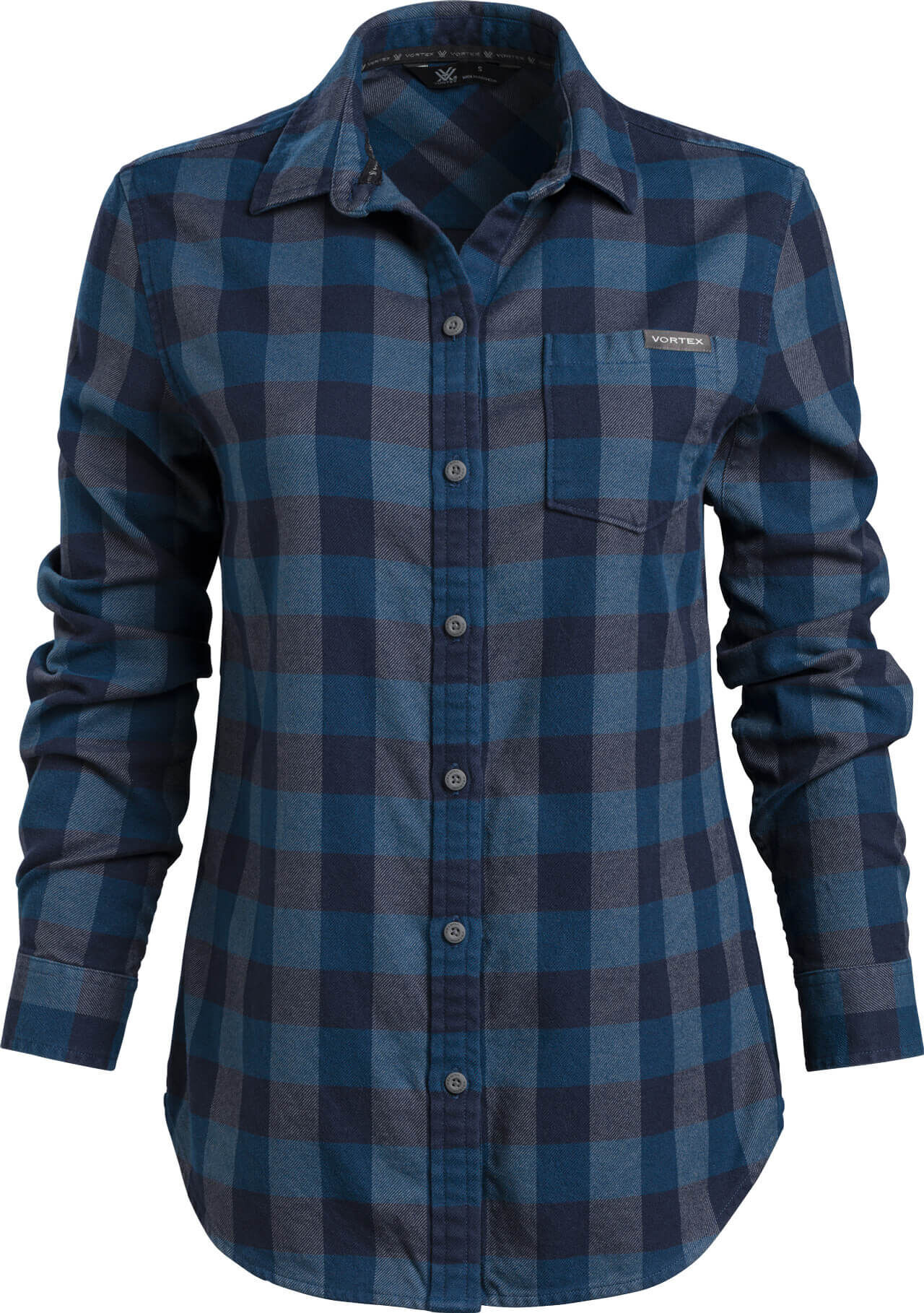 Damen Flanellhemd mit blau-schwarzem Karo-Muster und Brusttasche