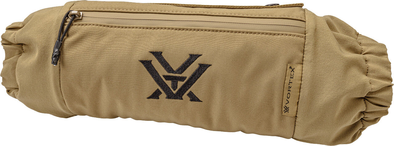 Beiger Outdoor-Handwärmer mit Logo und Reißverschlusstasche, ideal für kalte Tage