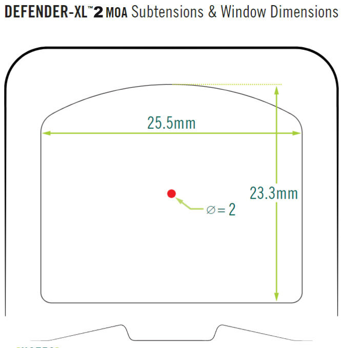 Diagramm der DEFENDER-XL 2 MOA Abmessungen mit 25,5 mm Breite und 23,3 mm Höhe, rotem Punkt mit 2 MOA Durchmesser