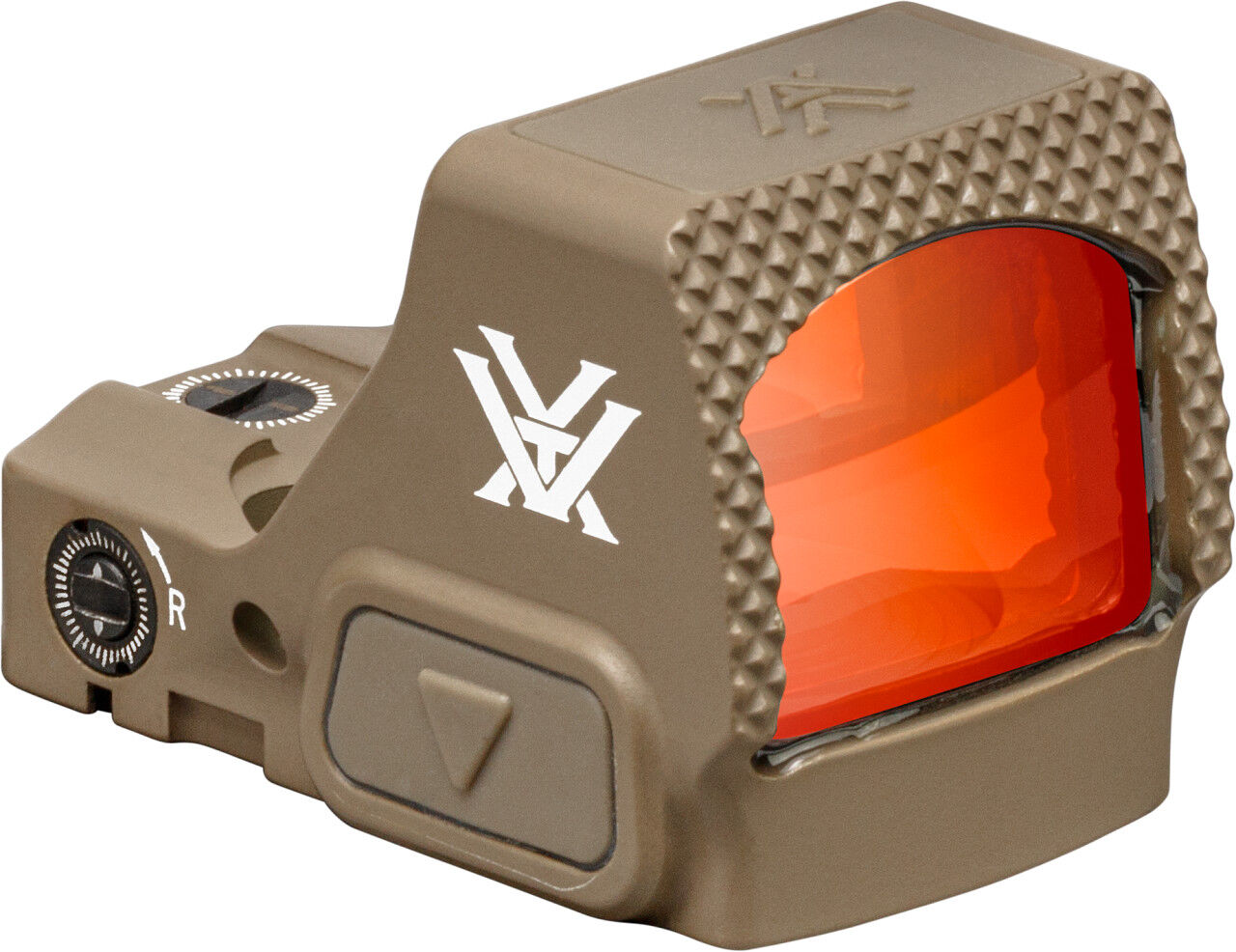 Seitliche Ansicht eines braunen Vortex Optics Rotpunktvisiers mit roter Linse und Steuerelementen.
