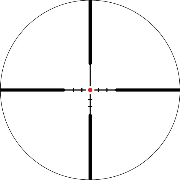 Absehen eines Zielfernrohrs mit rotem Punkt in der Mitte und feinen Markierungen