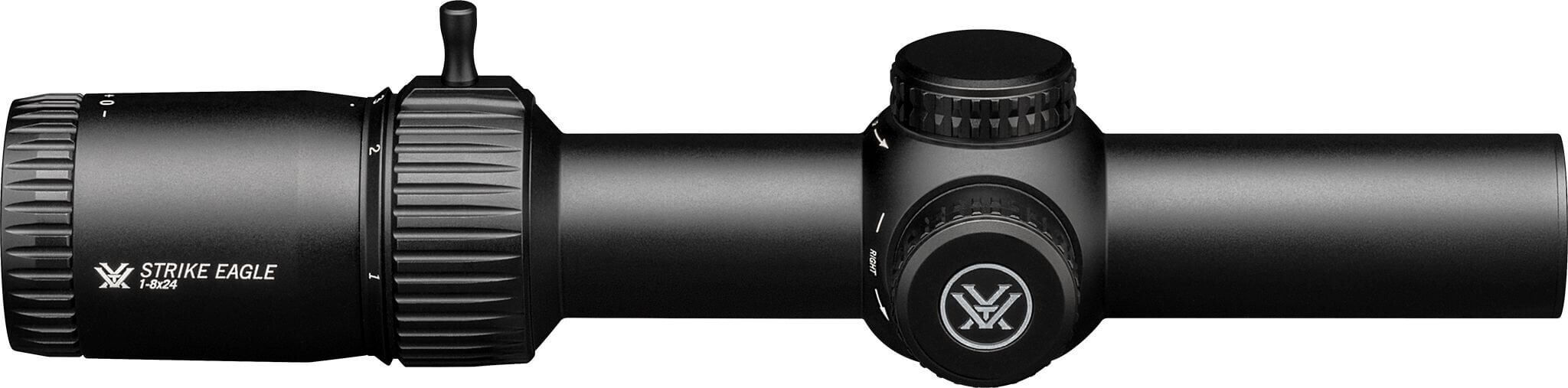 Seitliche Ansicht des Vortex Strike Eagle 1-8x24 Zielfernrohrs, geeignet für Jagd und Sport.
