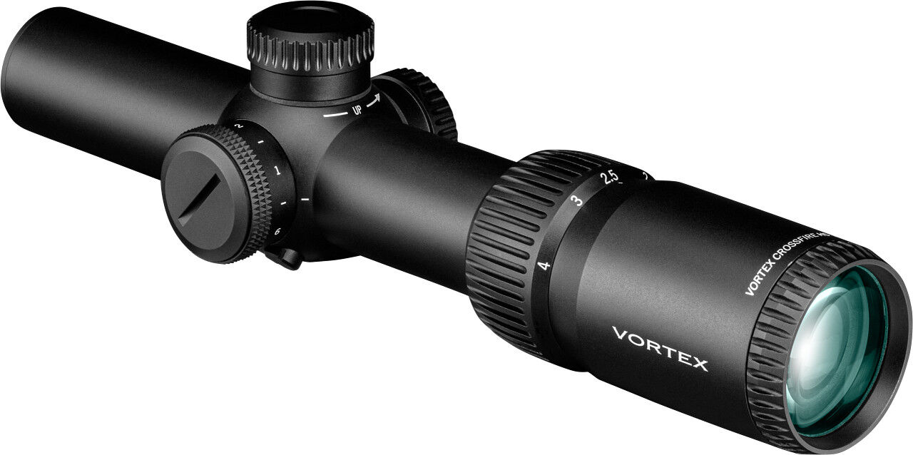 Seitliche Ansicht des Vortex Crossfire II 1-4x24 Zielfernrohrs mit Vergrößerungsring und justierbarem Absehen