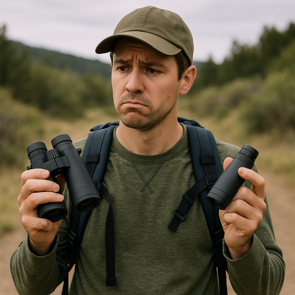 Mann im Freien mit zwei Ferngläsern und unsicherem Gesichtsausdruck Ein Mann trägt einen grünen Pullover und eine Mütze und hält zwei Ferngläser. Sein Gesichtsausdruck wirkt unsicher.
