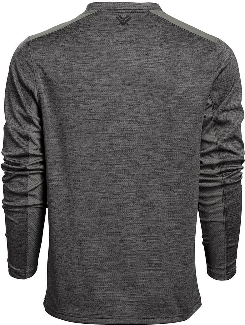 Rückansicht eines grauen langärmeligen Shirts mit stilvollem Muster