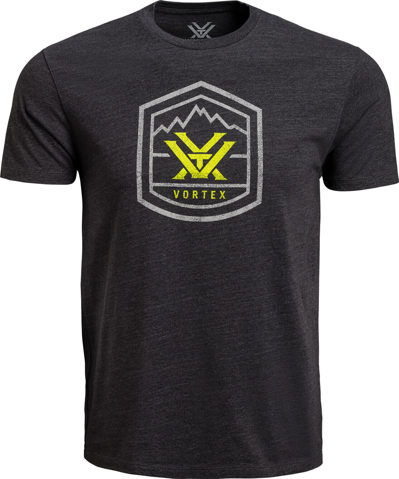 Dunkelgraues T-Shirt mit gelbem und weißem Vortex-Logo auf der Vorderseite