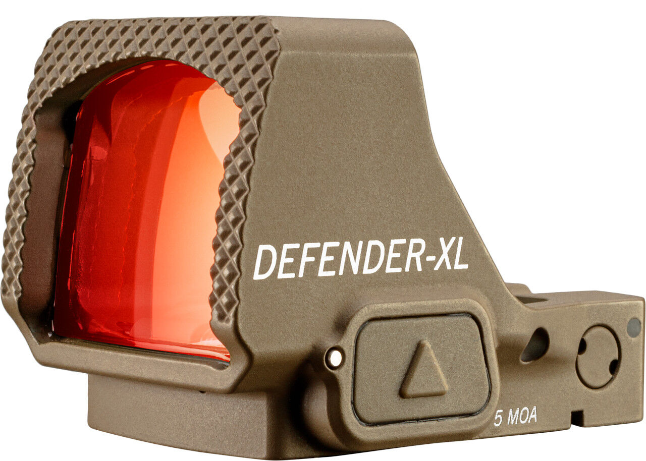 Das Bild zeigt ein Defender-XL Reflexvisier mit einer roten Linse und einem robusten Schutzgehäuse in Braun.