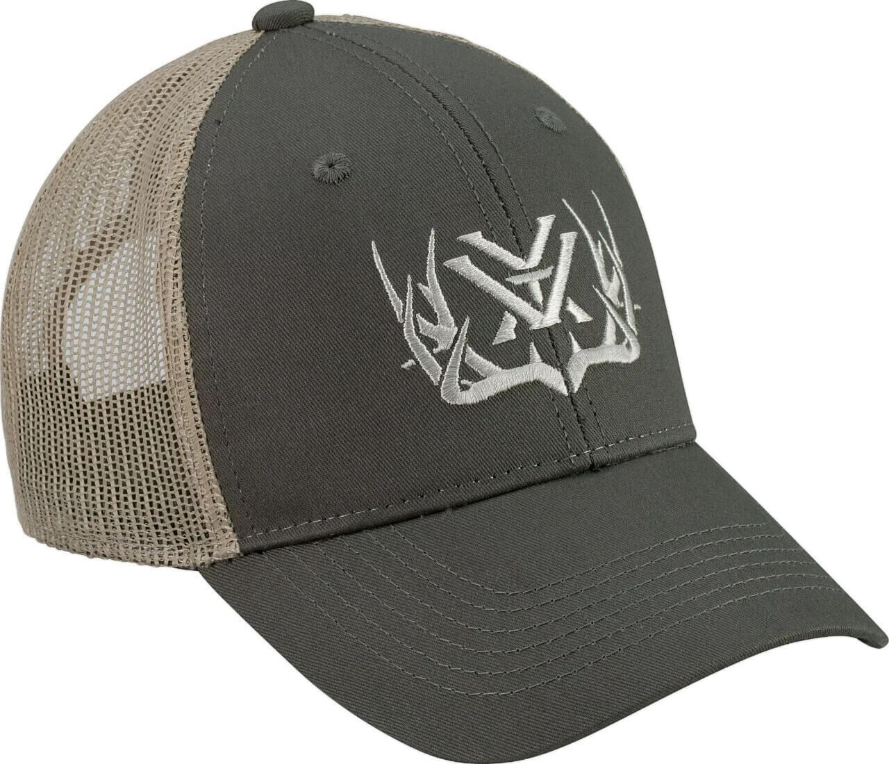 Graue Baseballmütze mit einem gestickten Logo auf der Vorderseite und einer Netzrückseite in Beige