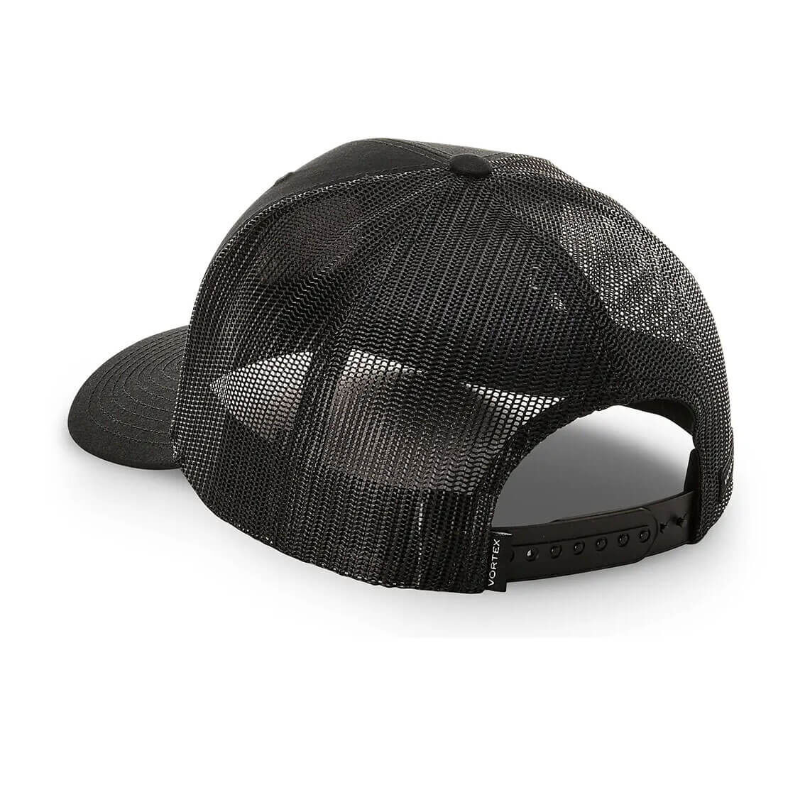 Rückansicht einer schwarzen Trucker-Cap mit Mesh-Design und Snapback-Verschluss