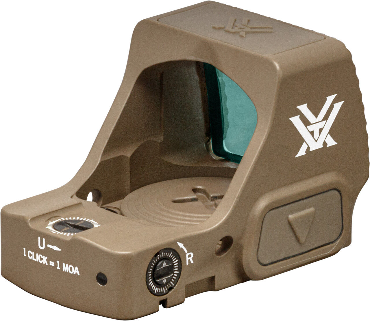 Seitliche Nahaufnahme eines Vortex Rotpunktvisiers in Flat Dark Earth Farbgebung mit Einstellrädern und Logoprint für präzises Zielen