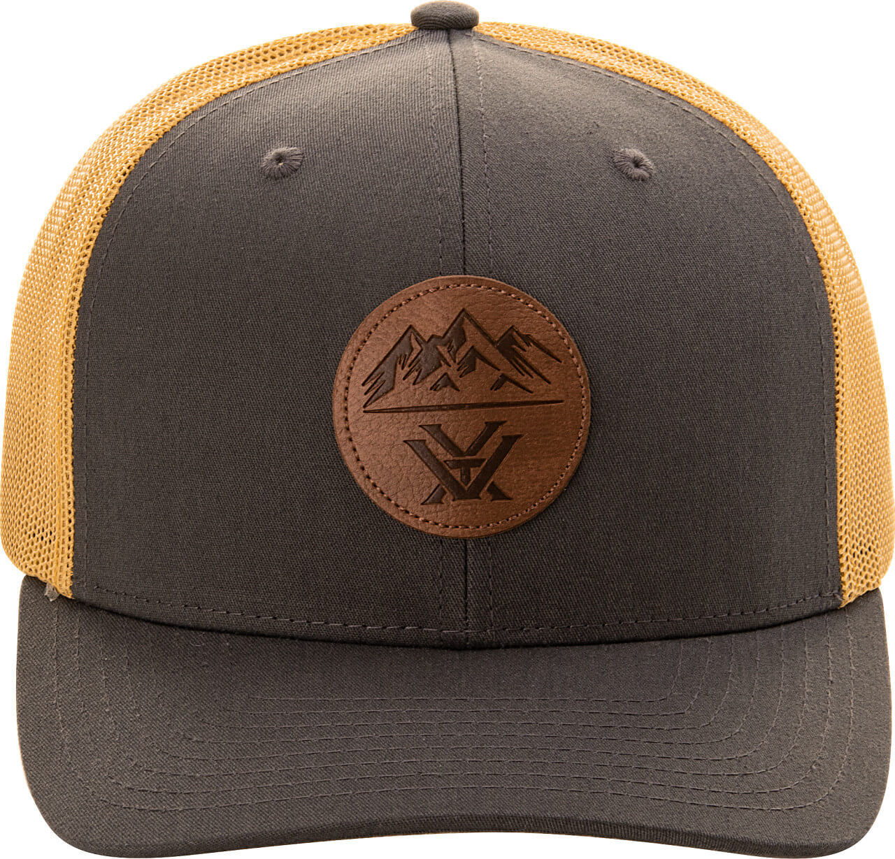 Graue und gelbe Trucker-Baseballmütze mit braunem Lederabzeichen und Bergmotiv