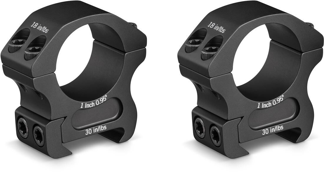 Zwei schwarze Ringmontagen aus Metall für Zielfernrohre, 1 Zoll Durchmesser, mit angegebenem Drehmoment